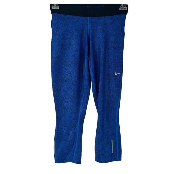 Nike Dri Fit Capri Leggings Blue Size M Fold Over Waistband Logo Active Wear - Picture 1 of 11